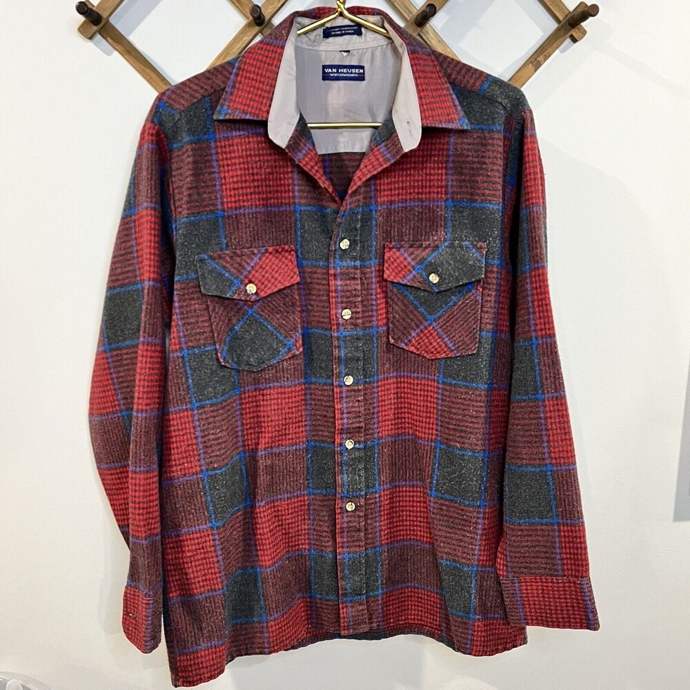 Van Heusen Red and Gray Plaid Casual Button Down Shirt